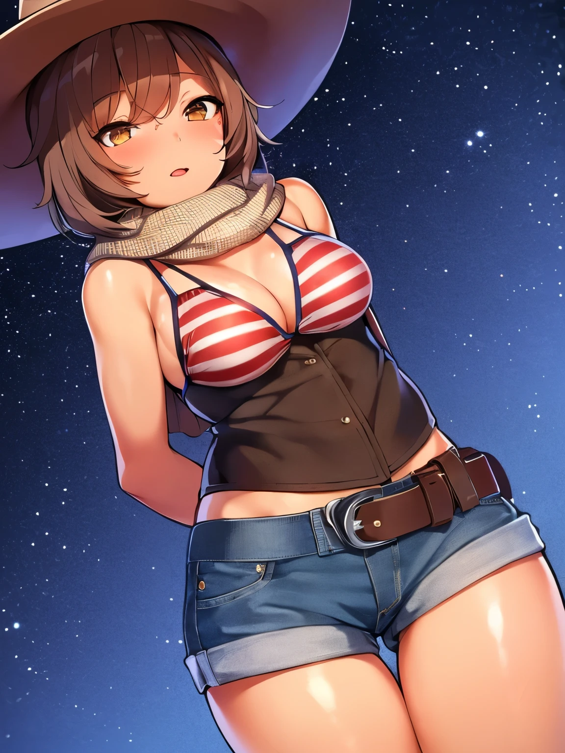 2d, Superb, (Masterpiece), ((1 girl)), (Low Angle:1.2), (Cowgirl), (Shiny hair:1.6), (Straight hair with brown hair:1.6),(Shaggy hair:1.3), (Brown beautiful girl),hyper， Pretty face, (Healthy dark skin), (Sunburn mark), clavicle,(Cowboy hat),(Wear a scarf),(Stars and Stripes Bikini:1.3),(Brown leather vest over bikini),(Denim hot pants:1.3),(Leather boots) ,Glamorous Bare Feet, Beautiful shiny legs,, Brown Eyes, Attractive thighs, Medium chest,(arms behind back)