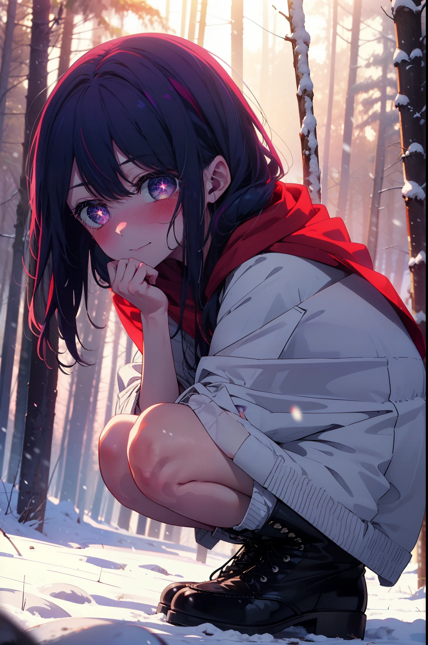 aihoshino, Ai Hoshino, Long Hair, bangs, (Purple eyes:1.1), Purple Hair, (Symbol-shaped pupil:1.5), smile,,smile,blush,white breath,
Open your mouth,snow,Ground bonfire, Outdoor, boots, snowing, From the side, wood, suitcase, Cape, Blurred, , forest, White handbag, nature,  Squat, Mouth closed, Cape, winter, Written boundary depth, Black shoes, red Cape break looking at viewer, Upper Body, whole body, break Outdoor, forest, nature, break (masterpiece:1.2), Highest quality, High resolution, unity 8k wallpaper, (shape:0.8), (Beautiful and beautiful eyes:1.6), Highly detailed face, Perfect lighting, Extremely detailed CG, (Perfect hands, Perfect Anatomy),