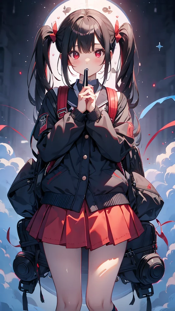 Long black hair、Twin tails、Elementary school girl、uniform、Red Eyes、Large backpack、Short skirt、snails、Lost