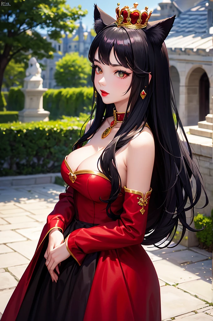 Front view,Detailed facial details,,1 girl,Red lips,Cat ear,Black long hair,Dressed in princess costume,With a crown,Large Breasts,Slim,Collar,Radiant Skin,palace,Traditional medieval architecture,garden