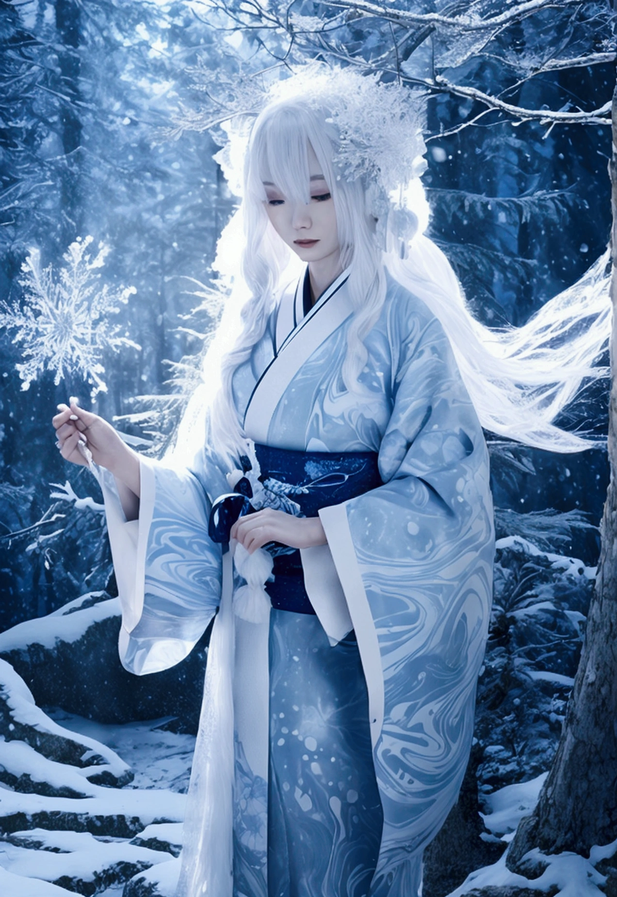 Fantastic snow woman, Traditional Japanese folk tales, Pale skin, Long, flowing white hair, Marbled Kimono, Surrounded by swirling snowflakes, Moonlit winter forest background, Mysterious Aura, Soft blue and white color palette, Photorealistic low lighting in digital art style, 8K Realistic Digital Art, [ 4K Photorealism ]!!, Gweiz-style artwork