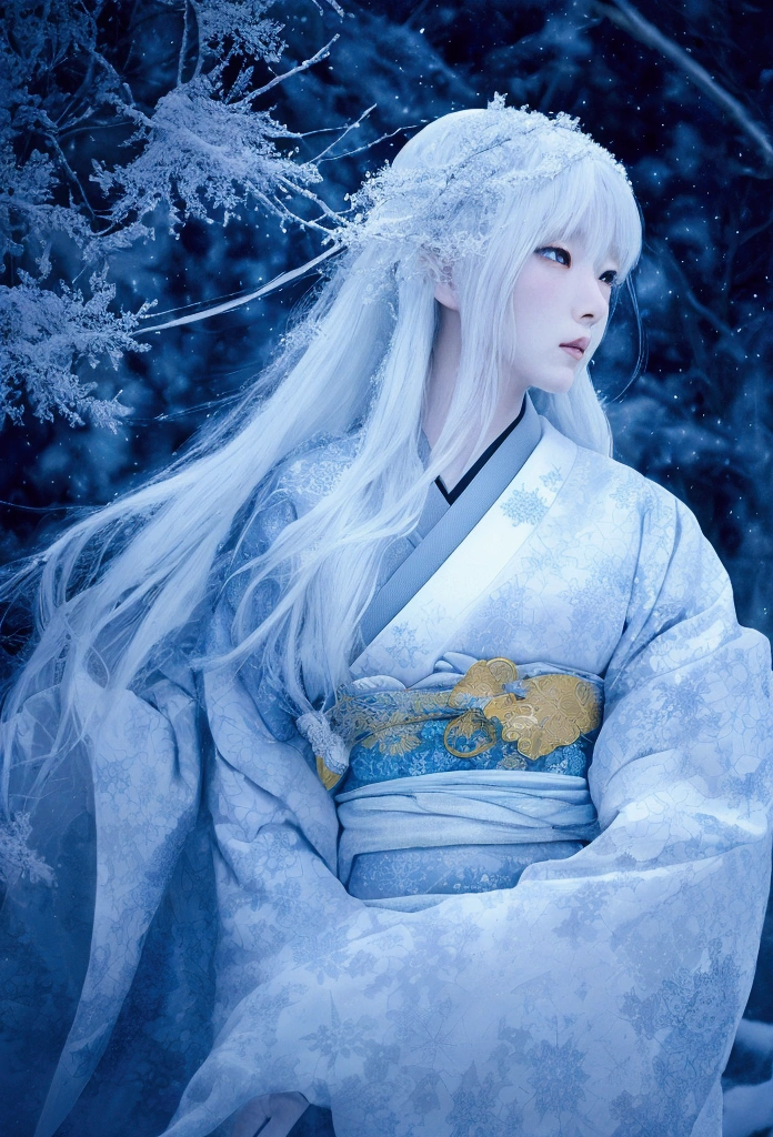 Fantastic snow woman, Traditional Japanese folk tales, Pale skin, Long, flowing white hair, Marbled Kimono, Surrounded by swirling snowflakes, Moonlit winter forest background, Mysterious Aura, Soft blue and white color palette, Photorealistic low lighting in digital art style, 8K Realistic Digital Art, [ 4K Photorealism ]!!, Gweiz-style artwork