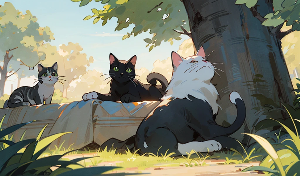 The image shows three cats in a natural outdoor setting, with foliage and trees in the background.
Cat on the left: White with brown and black markings, lying on the ground looking up.
Cat in the middle: Black with white paws, lying down on a tree branch.
Cat on the right: Light brown and cream colored, also lying on the ground looking up at the black cat. This cat has a small green frog on its head.
The soft lighting suggests that it could be dawn or dusk.
