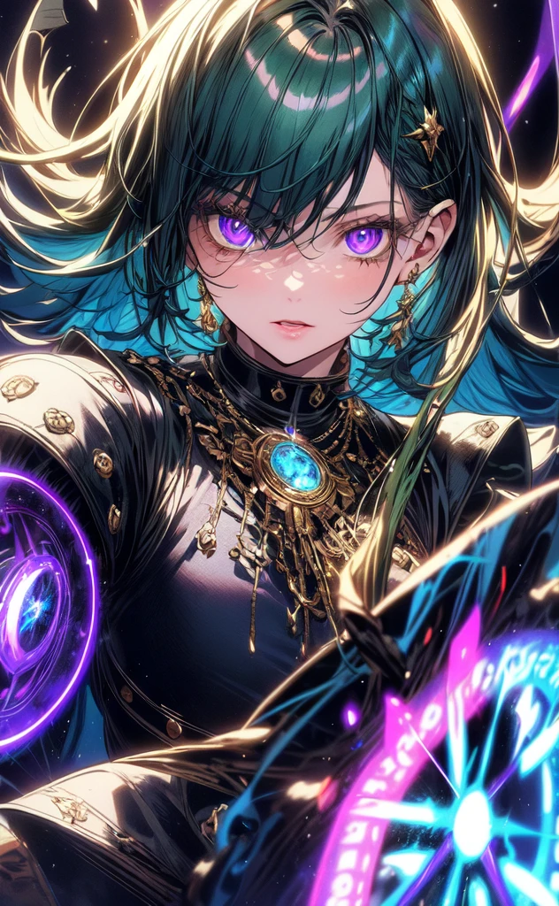 (masterpiece, best quality, ultra-detailed, best shadow), (detailed background,dark fantasy), (beautiful detailed face), high contrast, (best illumination, an extremely delicate and beautiful), ((cinematic light)), colorful, hyper detail, dramatic light, intricate details, (1girl, solo,blue & green hair, sharp face,purple eyes, hair between eyes,dynamic angle), blood splatter, swirling black light around the character, depth of field,black light particles,(broken glass),magic circle,