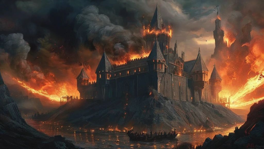 A dramatic scene unfolds as a grand medieval castle burns with a few soldier, twilight sky. Flames rage across the castle's turrets and stone walls, casting a hellish glow over the landscape. Dark, thick smoke billows into the sky, obscuring the stars and turning the night into a chaotic swirl of reds and blacks. Figures in shadowy, medieval garb scramble in panic amidst the inferno, their faces illuminated by the flickering light of the fire. The castle's once-stately banners are engulfed in flames, and the remnants of its imposing battlements crumble under the intense heat. The surrounding landscape is dotted with fallen debris and smoldering ruins. The sky crackles with distant lightning, casting brief, stark illumination across the scene and adding to the overall sense of desolation and dread. The atmosphere is charged with a palpable sense of despair and destruction, capturing the catastrophic impact of the inferno on both the castle and its inhabitants."