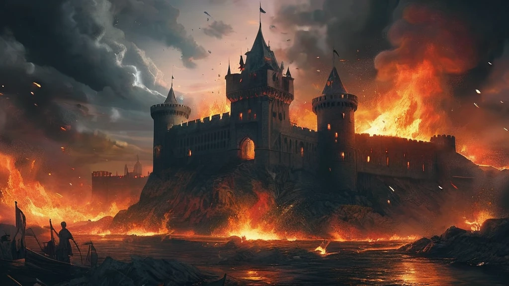 A dramatic scene unfolds as a grand medieval castle burns with a few soldier, twilight sky. Flames rage across the castle's turrets and stone walls, casting a hellish glow over the landscape. Dark, thick smoke billows into the sky, obscuring the stars and turning the night into a chaotic swirl of reds and blacks. Figures in shadowy, medieval garb scramble in panic amidst the inferno, their faces illuminated by the flickering light of the fire. The castle's once-stately banners are engulfed in flames, and the remnants of its imposing battlements crumble under the intense heat. The surrounding landscape is dotted with fallen debris and smoldering ruins. The sky crackles with distant lightning, casting brief, stark illumination across the scene and adding to the overall sense of desolation and dread. The atmosphere is charged with a palpable sense of despair and destruction, capturing the catastrophic impact of the inferno on both the castle and its inhabitants."