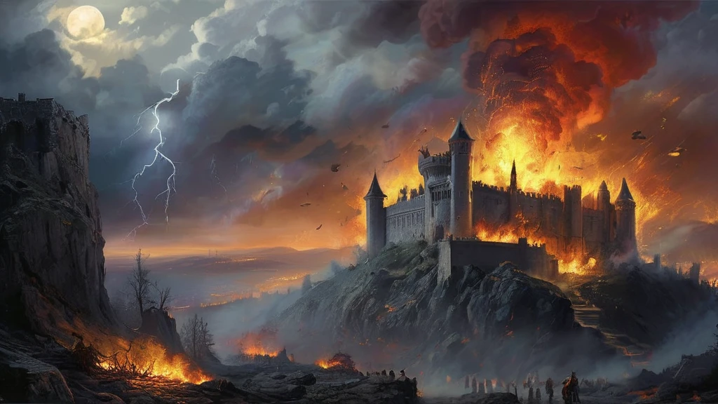 A dramatic scene unfolds as a grand medieval castle burns with a few soldier, twilight sky. Flames rage across the castle's turrets and stone walls, casting a hellish glow over the landscape. Dark, thick smoke billows into the sky, obscuring the stars and turning the night into a chaotic swirl of reds and blacks. Figures in shadowy, medieval garb scramble in panic amidst the inferno, their faces illuminated by the flickering light of the fire. The castle's once-stately banners are engulfed in flames, and the remnants of its imposing battlements crumble under the intense heat. The surrounding landscape is dotted with fallen debris and smoldering ruins. The sky crackles with distant lightning, casting brief, stark illumination across the scene and adding to the overall sense of desolation and dread. The atmosphere is charged with a palpable sense of despair and destruction, capturing the catastrophic impact of the inferno on both the castle and its inhabitants."