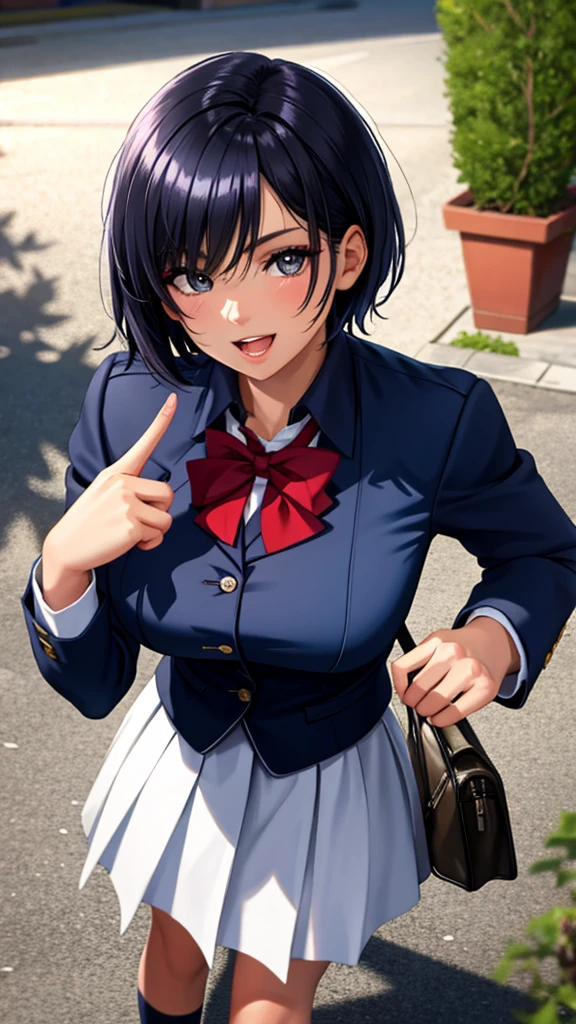 (masterpiece, best quality, ultra detailed, eye focus:1.4), 1lady, athletic female, abs body, (Black Hair, Pixie Cut, breasts, gigantic breasts, black eyes, four fingers and one thumb), (school uniform:1.3), (Sunburn, Sunburnlines, Dark Skin:0.8), (ultra-detailed face, beautiful detailed eyes, happy, open mouth, shiny hair, shiny skin, super detailed skin, oily skin), (glowing, depth of field,  eye-level shot from front, from above, looking at viewer:1.4),