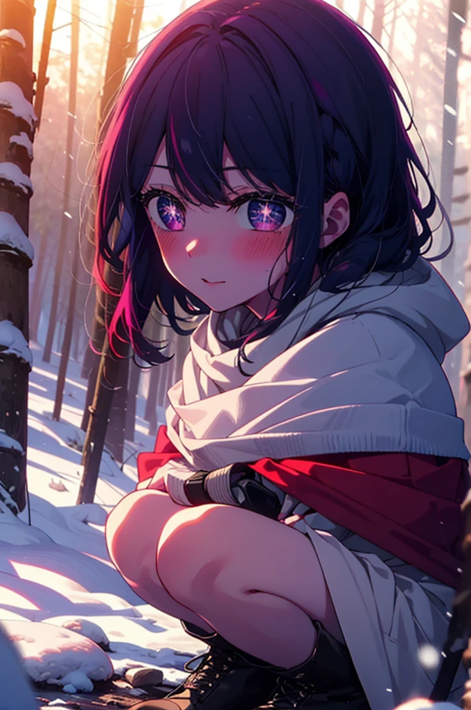 aihoshino, Ai Hoshino, Long Hair, bangs, (Purple eyes:1.1), Purple Hair, (Symbol-shaped pupil:1.5), smile,,smile,blush,white breath,
Open your mouth,snow,Ground bonfire, Outdoor, boots, snowing, From the side, wood, suitcase, Cape, Blurred, , forest, White handbag, nature,  Squat, Mouth closed, Cape, winter, Written boundary depth, Black shoes, red Cape break looking at viewer, Upper Body, whole body, break Outdoor, forest, nature, break (masterpiece:1.2), Highest quality, High resolution, unity 8k wallpaper, (shape:0.8), (Beautiful and beautiful eyes:1.6), Highly detailed face, Perfect lighting, Extremely detailed CG, (Perfect hands, Perfect Anatomy),