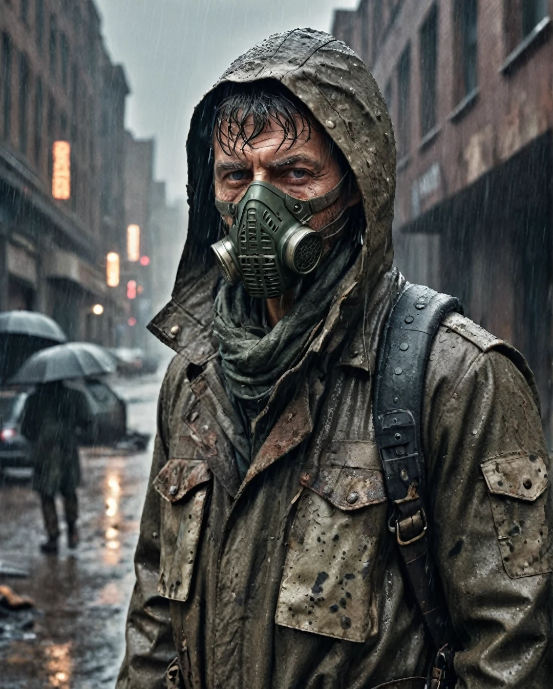 photorealism, hyperrealism, cinematic, A stunning street style portrait of a rugged post-apocalyptic, of DR. OTTO OCTAVIUS, braving the elements.using your mask. Dressed in traditional costume with military camouflage details with a worn texture, he stands against a desolate urban backdrop. Rain falls, creating a cinematic atmosphere as the drops hit the surface of the coat. Intricate details such as patched repairs and buckled straps accentuate the character's resilience and resourcefulness. The scene is captured in a high-contrast, emphasizing the interplay of light and shadows.