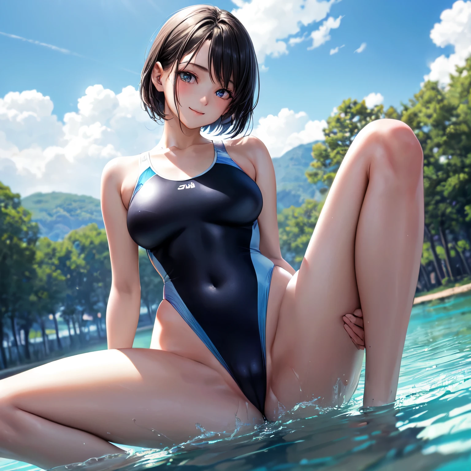 (((4K,masterpiece,best quality,ultra detailed,high resolution))),(daytime,clear weather,front light),((solo)),(beautiful woman),age,(black hair),(beautiful detailed face,beautiful detailed eyes),(finely detailed skin,fair skin),light smile,(one-piece competition swimsuit),(on the beautiful lake),(medium breast,medium hip),sitting, legs up high, spread legs, hip up,hold knees,from below,