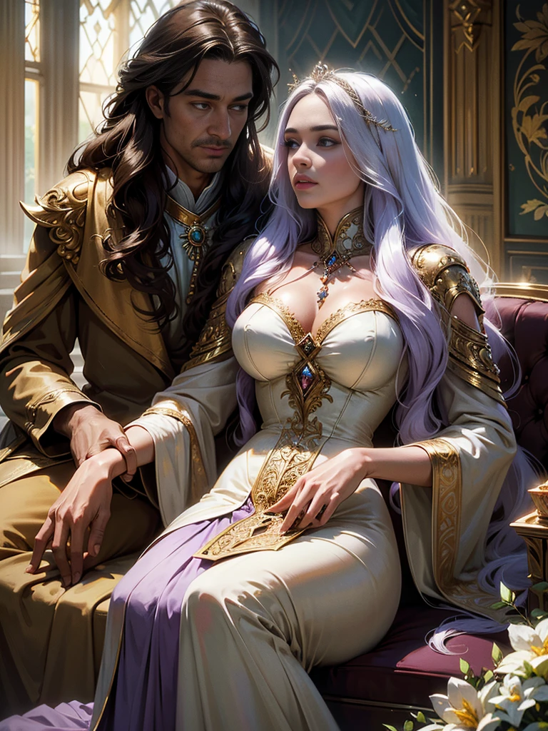 (masterpiece, ultra quality, high resolution, 8k, intricate: 1.2) photorealistic Epic romantic fantasy book cover, in center HALF-BODY COUPLE. spring romantic fantasy in center beautiful long half-body LONG WHITEhair man, ultradetailed beautiful faces, and beautiful lady in bright color french gown, proportional, tender, shimmering, ultradetailed beautiful faces, day BoKEH, fairytale magic, mysterious, light spring colorscheme, (Best quality,8K,A high resolution,Masterpiece:1.2),Ultra-detailed,(Realistic,Photorealistic,photo-realistic:1.37),Portrait,Creative style artwork,Historical,classical,Sophisticated,plethora of colors,Highly detailed,Soft lighting,luxurious environment,detailed gown,Vibrant flowers,detailed jewellery,Ethereal atmosphere,Elegant Pose,Graceful curves,Gold body proportions,Flowing hair,Breathtaking textile patterns,Harsh purple eyes,Delicate floral decoration,A dazzling array of crystal accessories,Mysterious and dreamy atmosphere,Impeccable attention to detail.