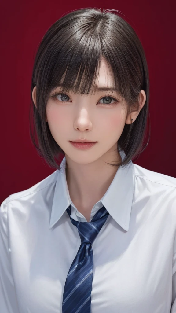 (masterpiece:1.3), (Realistic, RAW Photos, Highest quality: 1.4), (One Girl), Beautiful Face, (超Realistic Face、シンメトリーのBeautiful Face), (Short black hair, short hair:1.6、bangs:1.3、Show off your beautiful ears), Beautiful hairstyle, (Realistic eyes), Beautiful details, Long eyelashes, (Realistic Skin), Beautiful Skin, [Big Breasts:1.3], (Perfect body:1.3), (Detailed body:1.2), (tie), (Collared shirt, Pleated skirt:1.3), Absurd, charm, Ultra-high resolution, Ultra-realistic, Very detailed, Golden Ratio,Very cute beautiful woman、28 years old