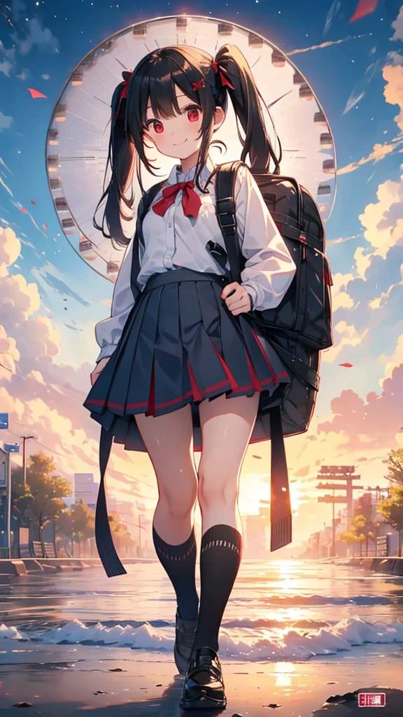 Long black hair、Twin tails、Elementary school girl、uniform、Red Eyes、Large backpack、Short skirt、snails、Lost、On the way home、Sunset、primary school、smile、Highest quality
