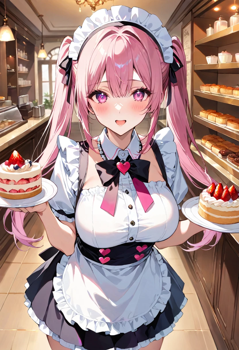 masterpiece, best quality, ultra detailed, detailed eyes, sparkling eyes, nsfw, large breasts, The image depicts an anime-style character with vibrant, detailed features. She has long, pink hair styled into two high pigtails with black hair clips and a white headband. Her large, expressive eyes are a striking shade of pink, matching her hair and giving her an overall coordinated look. She is dressed in a white maid outfit with frilled sleeves and a large black bow at the neck, accented with pink heart-shaped buttons and details. Her apron, also white, is tied neatly around her waist, emphasizing the uniform's traditional style. The character is holding two plates of beautifully arranged desserts. The desserts appear to be a mix of pastries and cakes, decorated with whipped cream, strawberries, and other toppings, indicating she might be working in a bakery or cafe. The background of the image shows a warm, cozy setting, likely the interior of a café or patisserie. The lighting is soft and inviting, with hanging lights creating a pleasant ambiance. Various items such as jars and containers can be seen on shelves in the background, adding to the authentic café atmosphere. Overall, the image combines a charming character with a delightful, well-rendered environment, evoking a sense of warmth and hospitality.