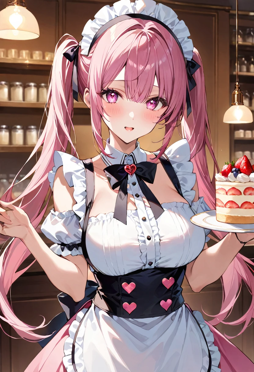 masterpiece, best quality, ultra detailed, detailed eyes, sparkling eyes, nsfw, large breasts, The image depicts an anime-style character with vibrant, detailed features. She has long, pink hair styled into two high pigtails with black hair clips and a white headband. Her large, expressive eyes are a striking shade of pink, matching her hair and giving her an overall coordinated look. She is dressed in a white maid outfit with frilled sleeves and a large black bow at the neck, accented with pink heart-shaped buttons and details. Her apron, also white, is tied neatly around her waist, emphasizing the uniform's traditional style. The character is holding two plates of beautifully arranged desserts. The desserts appear to be a mix of pastries and cakes, decorated with whipped cream, strawberries, and other toppings, indicating she might be working in a bakery or cafe. The background of the image shows a warm, cozy setting, likely the interior of a café or patisserie. The lighting is soft and inviting, with hanging lights creating a pleasant ambiance. Various items such as jars and containers can be seen on shelves in the background, adding to the authentic café atmosphere. Overall, the image combines a charming character with a delightful, well-rendered environment, evoking a sense of warmth and hospitality.