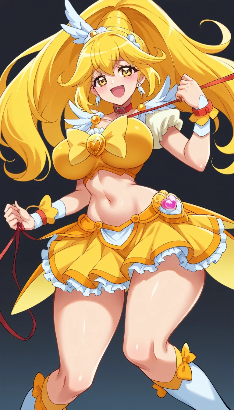 score_9, score_8_superior, score_7_superior, indoor, Black background room,
Break Source_anime, 
Break 1 Girl, Cure Peace, ponytail, Yellow Hair, Choose large nipples, Huge breasts, Happy,  Voice of the Heart, 
Yellow Magical Girl, belly button, Wing hair ornament, Crop top, Ruffled wrist cuffs, Frilled Skirt, Knee socks, String, Animal Collars, Audience holding leash,
expensive, Long legs, Glowing Skin, Oily skin, Glowing Skin, heavy breinhing, Wide Hips, Tight waist, Thick thighs,
Contrasting, 
Looking_in_Audience,