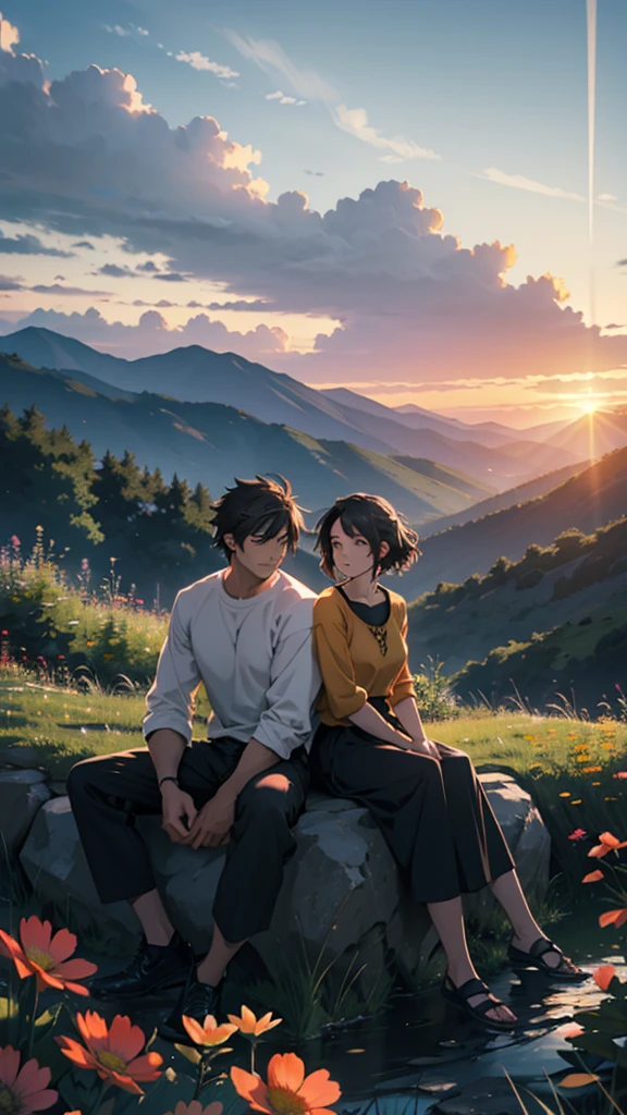 a beautiful home, a boy and girl sitting on the mountain watching the sunset, mountains, flowers, sunset, sunny, couple, short clothes, moody color, anime style,