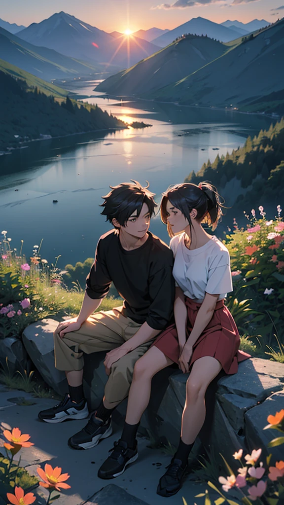 a beautiful home, a boy and girl sitting on the mountain watching the sunset, mountains, flowers, sunset, sunny, couple, short clothes, moody color, anime style,