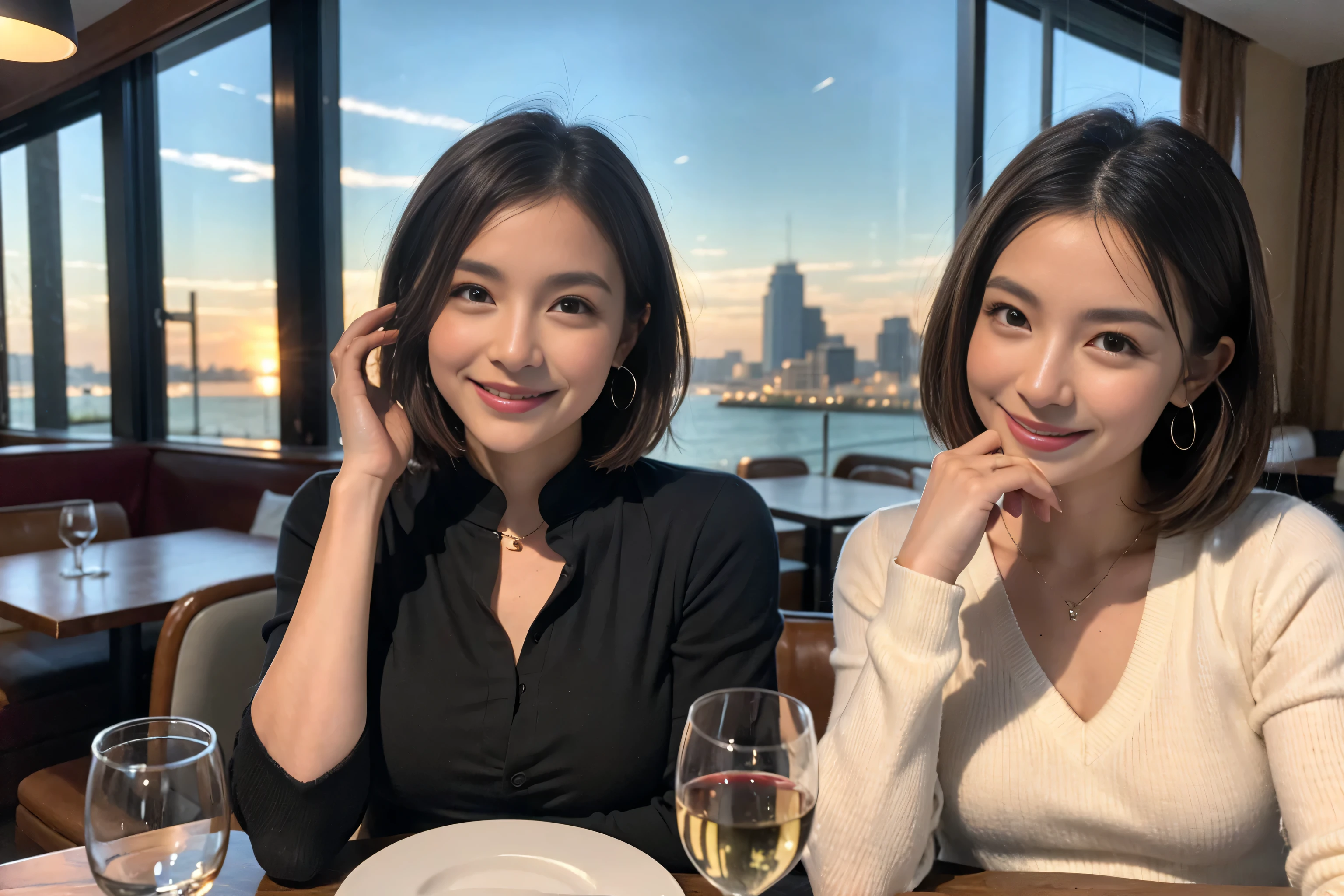 ((Highest quality、8k、masterpiece:1.3))、cute、Slim couple、Model Couple、Actress、(Realistic, Intricate details:1.2), full-course dinner、Wine 、Amazing view of the sunset sky and clouds、A bright smile、short hair,Bright Face、 (45 years old), 48 years old, 赤Wine 、Appetizers、Italian food、Wine bottle、Champagne、スパークリングWine、Two beauties、Brown Hair、Shortcuts、Long sleeve shirt、dress、Beautiful woman 1, (Slim face), (The body is slim), (Brown Hair), (Shortcuts), cheeks turn a little red,Attractive beauty、restaurant, In a prominent place (From the waist up) Nova Frog Style, actress, model, Upper Body, 白Wine, slim, Wineグラス, 中央に置かれたWineグラス, smile, (smile: 1.15), Beautiful fine grain, Depth f/2,saturation, High Contrast, Strong light and shadow,Moist Body:1.5、3D texture、Delicate eyes、Brown Hair、The hair is very shiny、