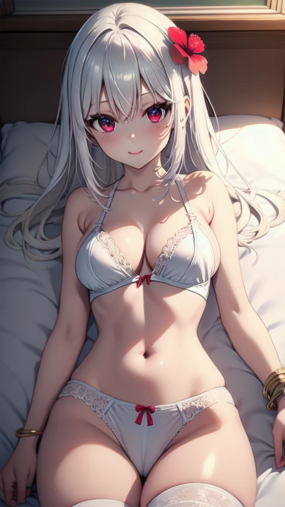 (masterpiece:1.2), (best quality:1.2), (intricate details:1.2), (anime coloring:1.1), ((top-quality)), solo girl, white hair, red eyes, long hair, medium breasts, sexy body and face, wavy hair, smile, (parted lips:0.9), lipstick, white lingerie, white bra, white panties, open stomach, bed, leg up, navel, cleavage, collarbone, bare shoulders, jewelry, bracelet, ribbon, hibiscus, frills, sleeveless, hair flower, bed, indoor, perfect hips, sexy pose, cowboy shots, detailed body, face, and eyes, illustration, sharp focus, vibrant, creative, dynamic, high definition, high resolution, 16k quality, (Upscale: R-ESRGAN 4x+ Anime6mage enchance:4x), (beautiful illustration), (beautiful detailed eyes 1.2), (beautiful detailed face:1.2), (beautiful detailed body:1.2), (better hands:1.2), voluptuous body, cinema lightning, dakimakura style, good anatomy, perfect eyes, perfect body, perfect anatomy, perfect chest, looking at the viewer