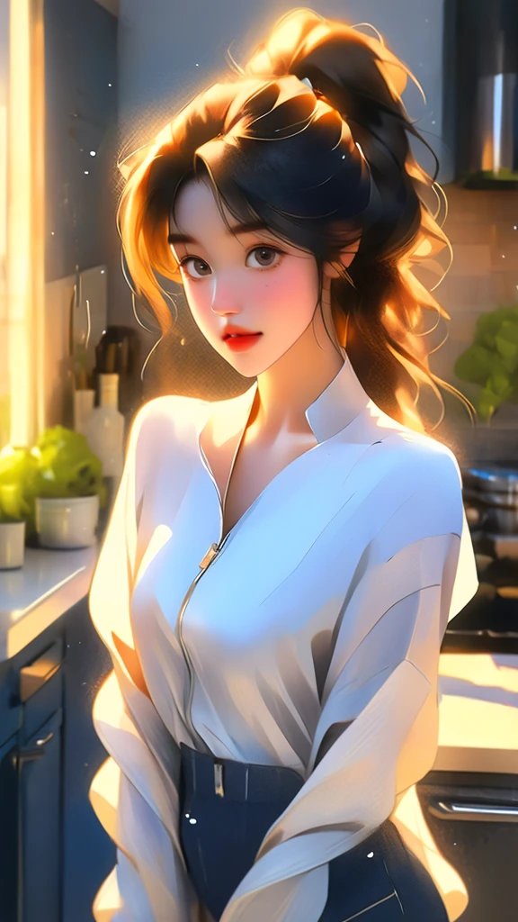 ultra-detailed realistic, 1 girl, standing alone, long brown hair, big bright brown eyes, bangs over eyes, ponytail hair style, hair pulling back, all-body, Ultra realistic delicate face with deep details, kitchen background, Shorts with open zipper showing beautiful pubic hair, chemise, tool belt, (error-free work of art, highly detailed perfect delicate face, perfects eyes, perfect pointed nose, perfect full mouth, Perfect hands without errors, perfect skin with depths), insane details, ultra-realistic image, perfect symmetry, vibrant and clear, dynamic view, high level of detail and definition, 1200 PPI – Photographic resolution with greater color realism, hyperrealisti, high fidelity, cinematic, 8K UHD image resolution.