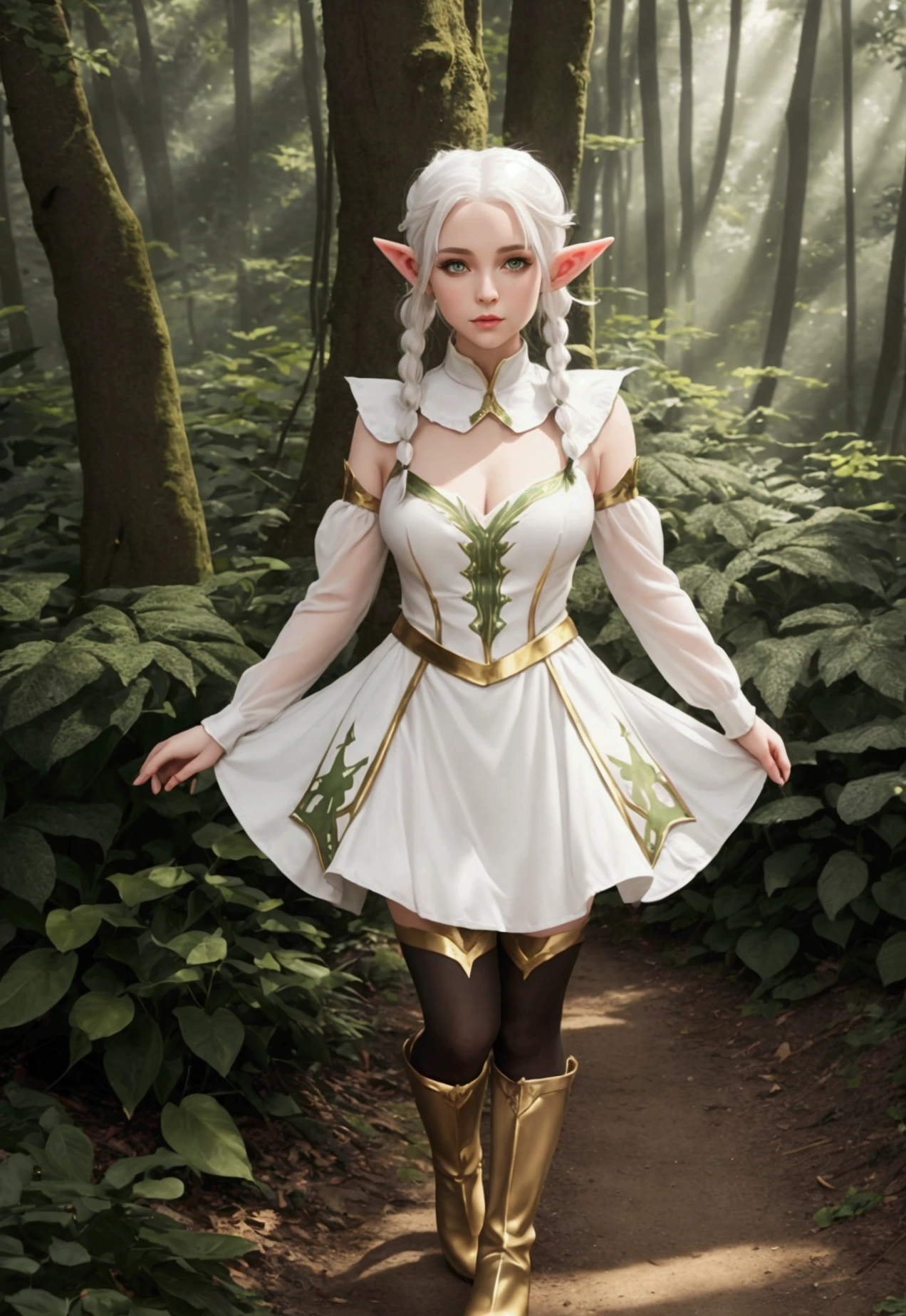beautiful female elf with white hair with two pigtails, green eyes, big pointy ears, short white dress with gold details, black tights and brown boots, wonderful and magical forest