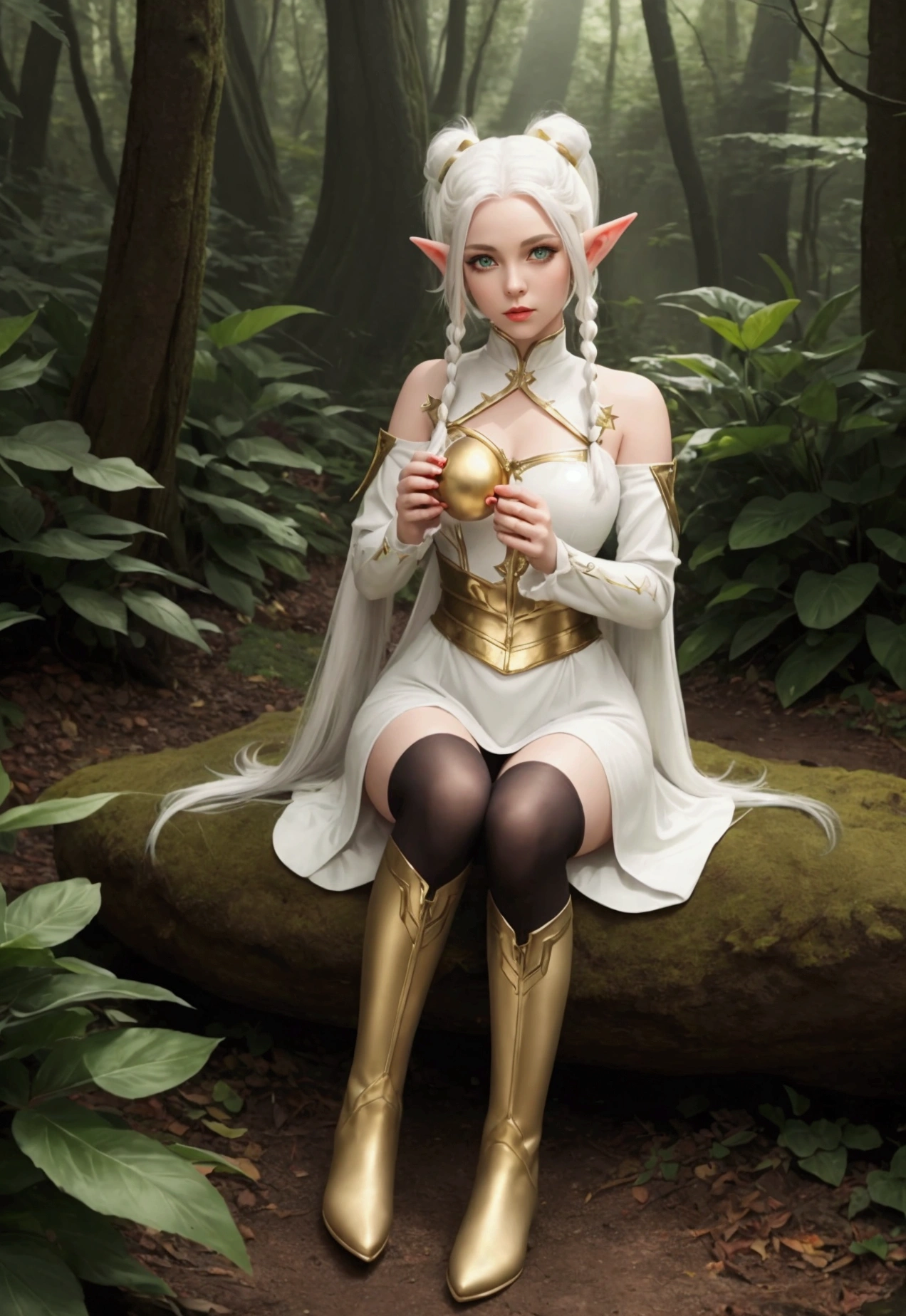 beautiful female elf with white hair with two pigtails, green eyes, big pointy ears, short white dress with gold details, black tights and brown boots, wonderful and magical forest