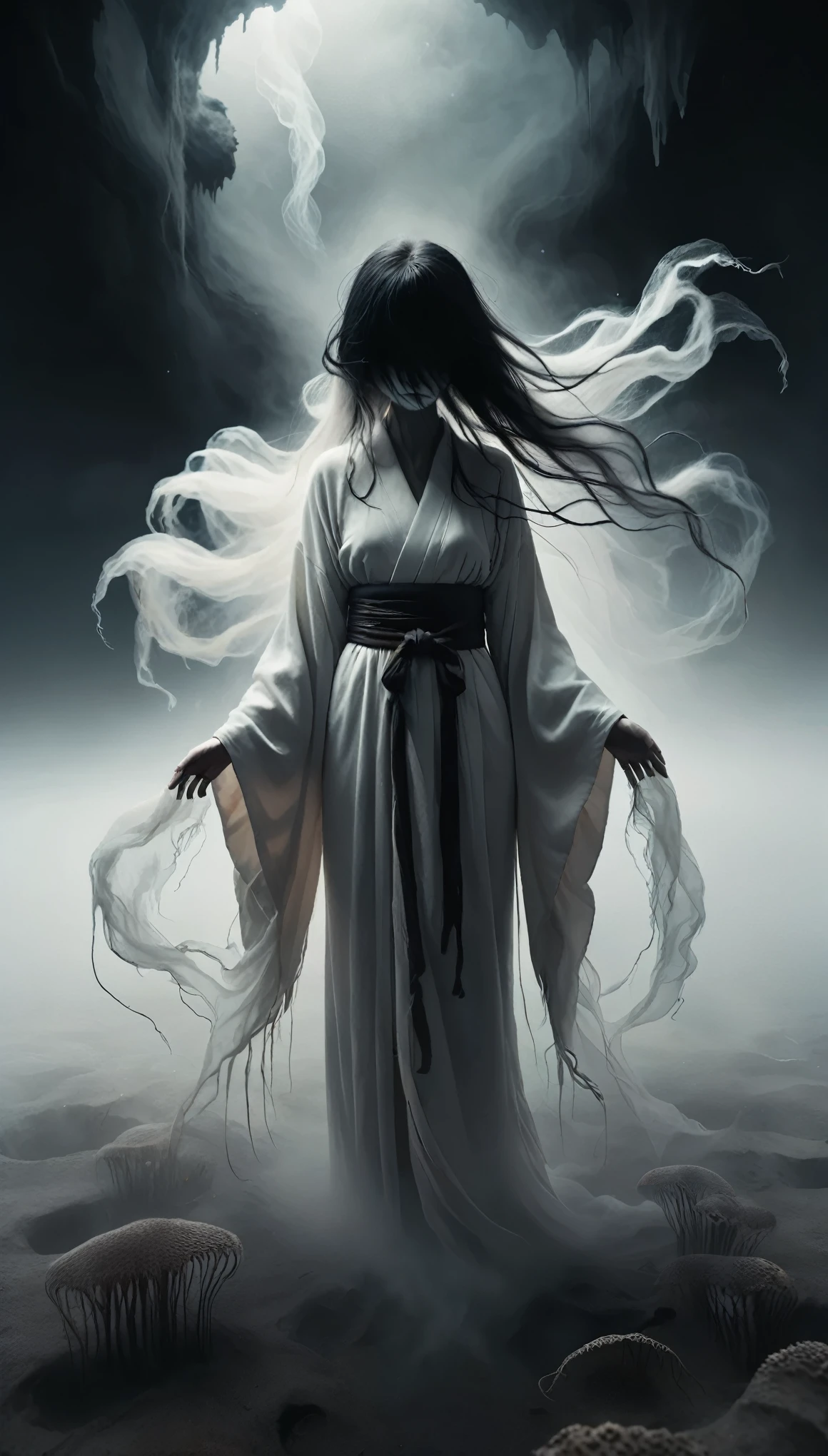 Calm colors、Hundreds of jellyfish、Black-haired woman、White kimono、Dirty clothing、Hair that hides the face、Standing Eerie。Nightmare illustration、Surreal fantasy、Thick Fog、Old well、Barren Land、darkness、Jet Black
