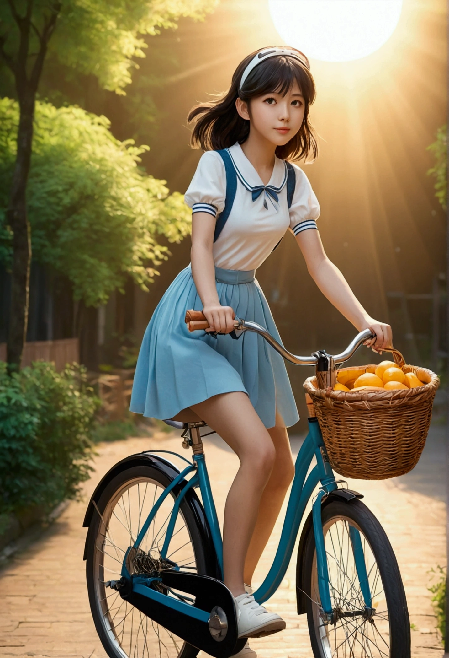 Generates anime style cartoon image of a girl on a bicycle with a basket 
