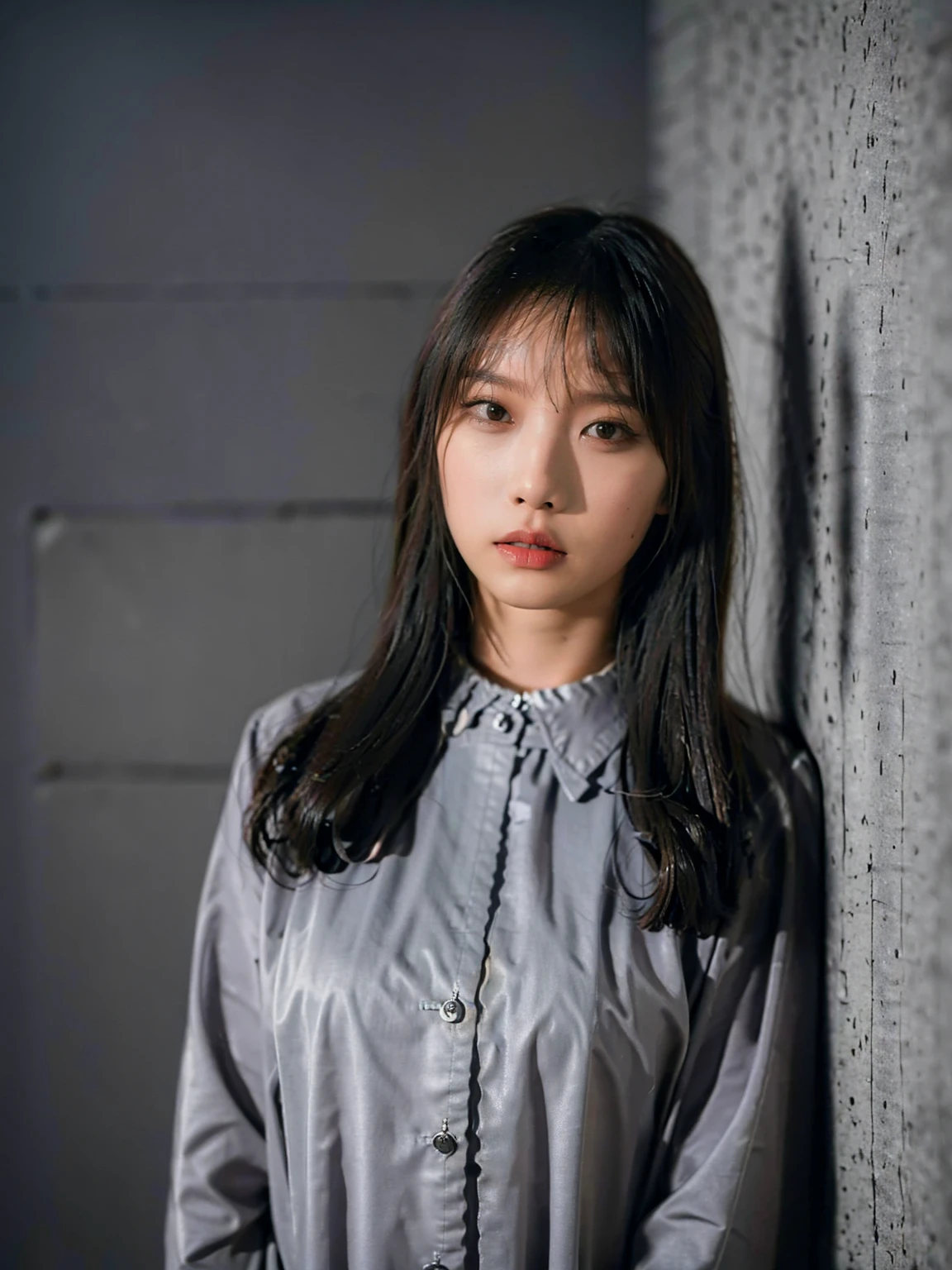 1woman,Javanese Woman, long shirt, Look at viewer, ((Grey Wall Background)),Long Hair, High Quality, Photorealistic, Natural Lighting, Natural Shadow, Glowing Skin, Shot with Sony A7 mark IV, Coboy Shot, Sharp, Clear Subject.