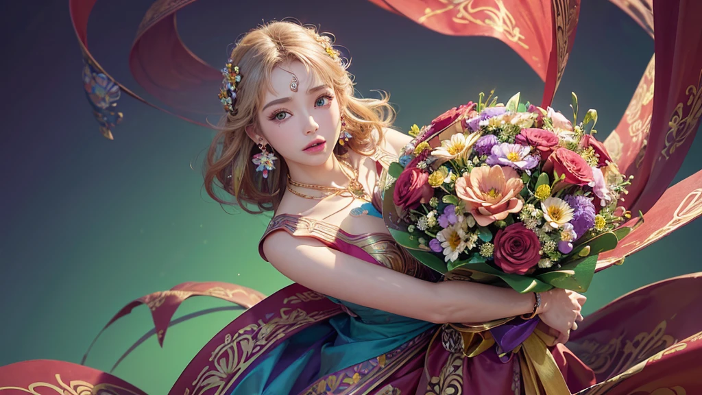 32K, 最高quality, 最高masterpiece, (ultra-Detailed Background, Detailed Background), High resolution, Super detailed, Very detailedな, One girl, (bouquet:1.3), (Tangled:1.2), (Geometric:1.2),(colorful),(masterpiece, quality, best quality, Official Art, Beautiful and beautiful:1.2), (1 girl:1.3), Very detailed,(colorful:1.1)(Flowers:1.3),Most detailed,(Tangled:1.2), whole body, (Abstract background:1.3), (Skin glows), (Many colors:1.4), ,(Earrings Jewelry:1.5), Pale Red Background,