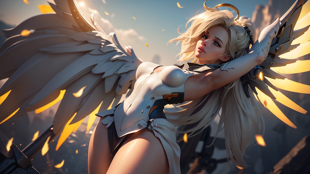 Mercy, angel wings on her back, messy hair blowing in wind, nude, wide stance, arms wide open, lighting and background is bright realistic style, with high attention to detail and sharp focus. The colors are vivid and contrasted, with a slight desaturation. The lighting is dramatic, with shadows and highlights enhancing the overall composition. The medium used is a digital illustration, with a touch of photo-realistic elements to add depth and texture to the image. The final result is a masterpiece in ultra-high resolution, showcasing the intense and raw nature of Mercy's character.