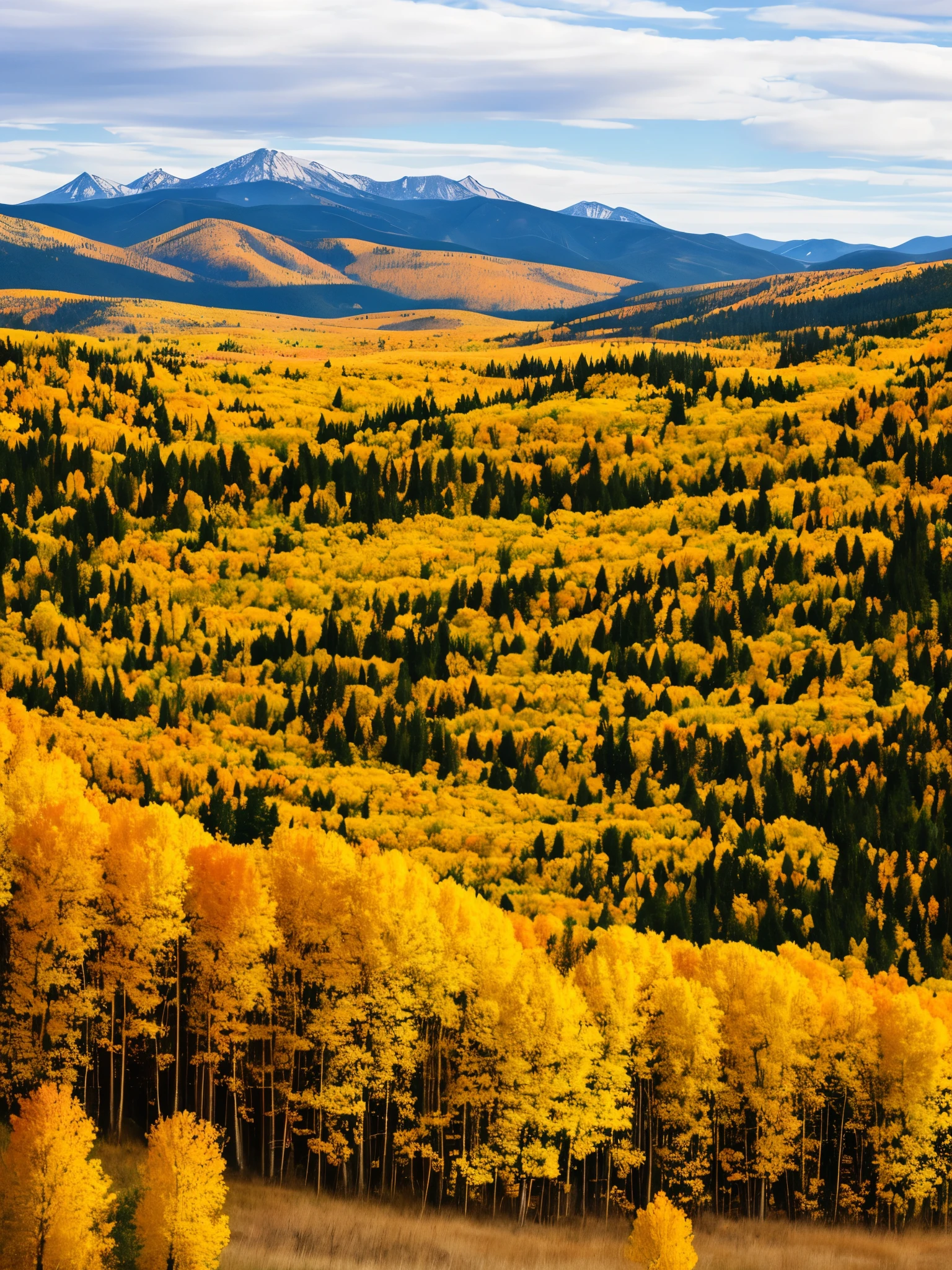 mountains in the distance with yellow trees in the foreground, a portrait by Joe Stefanelli, flickr, les nabis, wyoming, aspen grove in the background, autumn mountains, wind river valley, spectacular rocky mountains, rocky mountains, fall colors, scenic mountain setting, american west scenery, rocky mountains in background, rocky meadows, muted fall colors, shades of gold display naturally