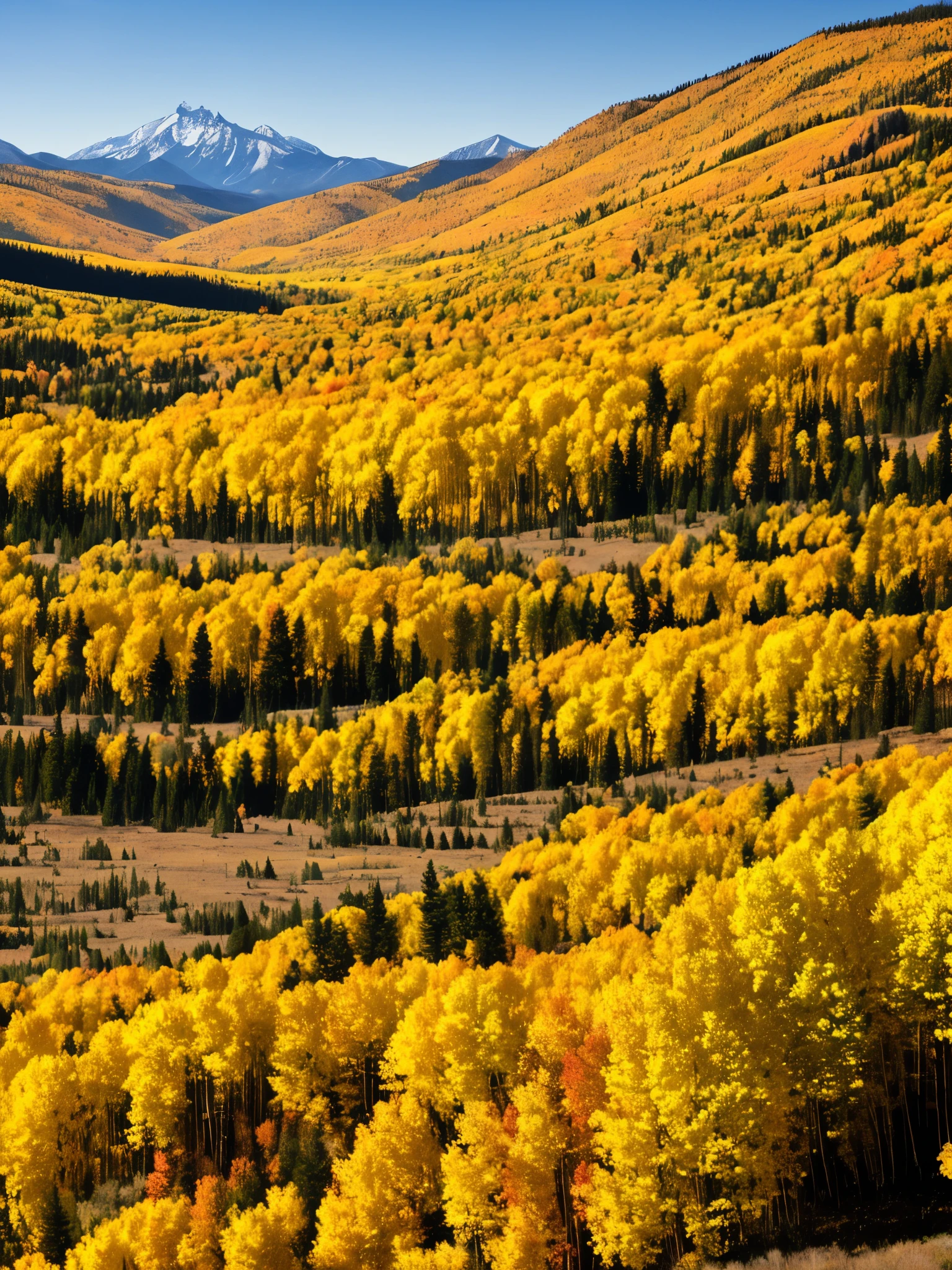 mountains in the distance with yellow trees in the foreground, a portrait by Joe Stefanelli, flickr, les nabis, wyoming, aspen grove in the background, autumn mountains, wind river valley, spectacular rocky mountains, rocky mountains, fall colors, scenic mountain setting, american west scenery, rocky mountains in background, rocky meadows, muted fall colors, shades of gold display naturally