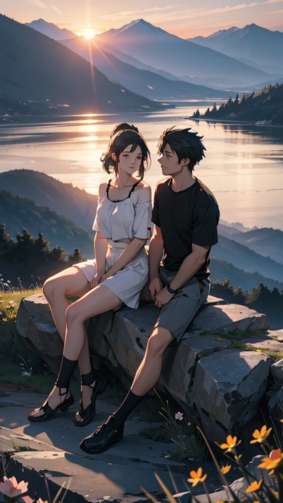 a beautiful home, a boy and girl sitting on the mountain watching the sunset, mountains, flowers, sunset, sunny, couple short clothes, big hips, moody color, anime style,