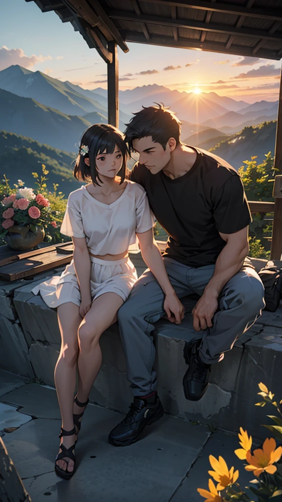a beautiful home, a boy and girl sitting on the mountain watching the sunset, mountains, flowers, sunset, sunny, couple short clothes, big hips, moody color, anime style,