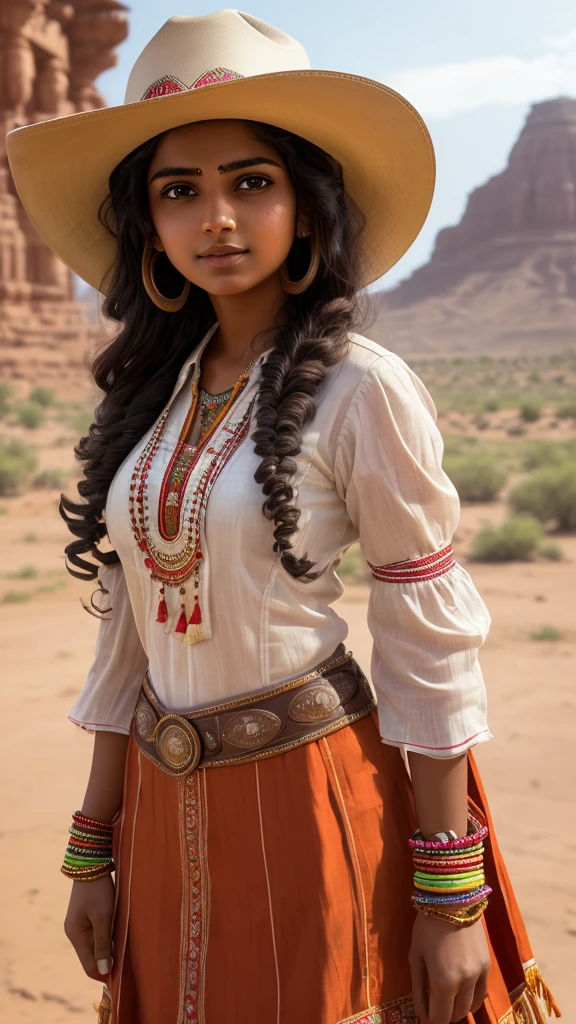 Photo of a charming Indian girl, standing solo, in a western-style outfit, (Cute:1.1), (Indian:1.1), (Young Adult:1.2), (Portrait:1.2), ((Detailed face:1.2)), ((An atomic blend of traditional Indian features and western fashion)), (Western attire:1.3), (Outdoor setting:1.3), (Bright colors:1.25), long curly hair, (Western hat:1.1), (((Plain background:1.2))), (Perfectly proportions:1.1), (photos realistic:1.1), (Best Quality:1.