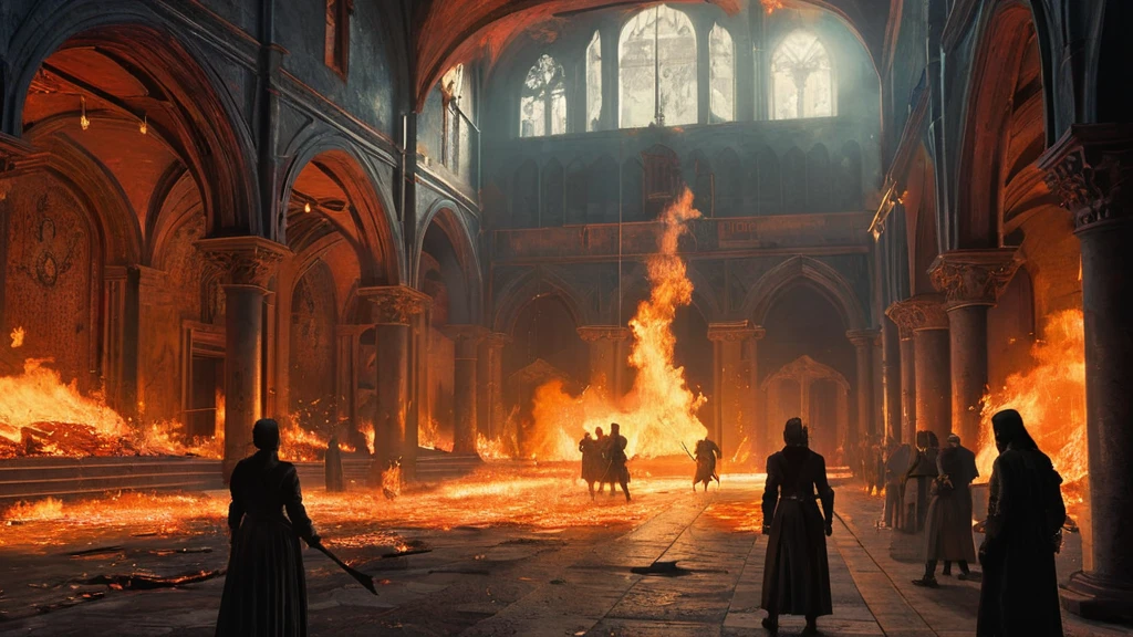 Inside the grand hall of a castle, chaos reigns as the room is engulfed in intense flames. The once-ornate chamber, with its high, vaulted ceilings and grand, stone columns, is now a blaze of fiery orange and red. The lavish tapestries and banners hanging from the walls are consumed by fire, their rich colors reduced to ashes. The floor, covered in expensive rugs, crackles as they burn away. People in medieval attire—nobles, guards, and servants alike—are in a frantic, desperate struggle. Some are attempting to douse the flames with buckets of water, while others try to help those trapped or injured. The heat and smoke are overwhelming, and the air is filled with the sound of crackling fire, shouting, and the clatter of falling debris. Shadows and silhouettes dance erratically on the walls as the blaze illuminates their frantic movements. The scene is a stark portrayal of fear and desperation, set against the backdrop of a once-grand hall now succumbing to destruction."