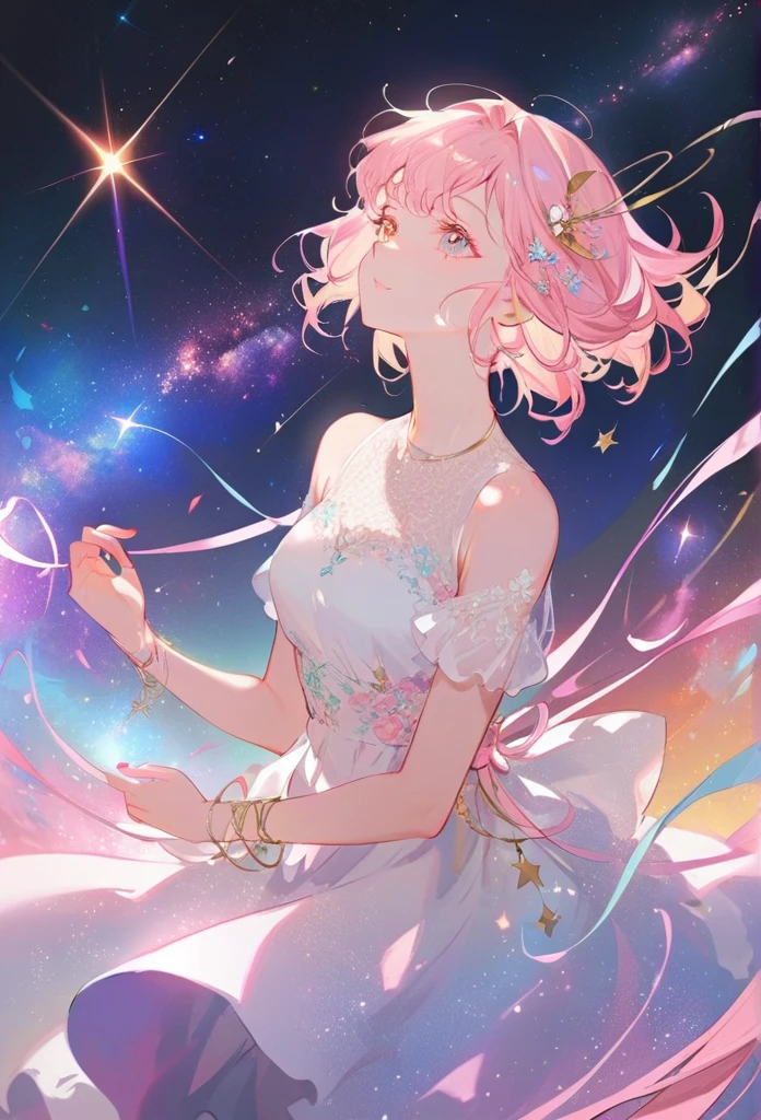 High Detail, Super Detail, Ultra-high resolution, Girl enjoying time in fantasy galaxy, Surrounded by stars, The warm light shines on her, Background is starry sky,There are colorful galaxies and galaxy clouds, Stars flew around her, Delicate face, Add a fun atmosphere ,