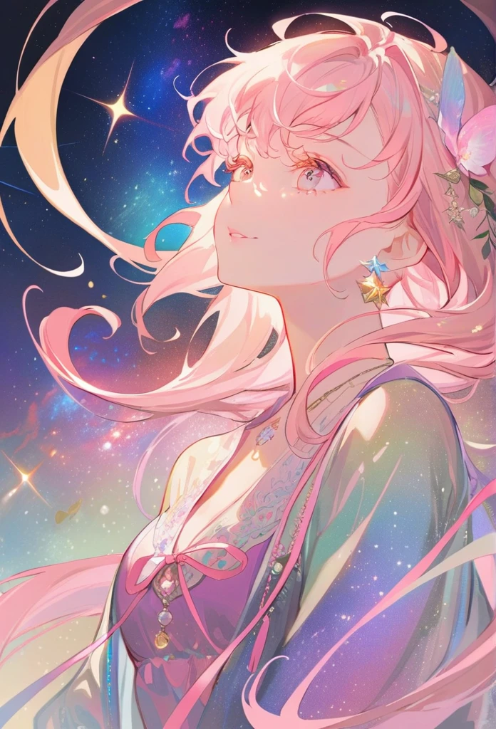 High Detail, Super Detail, Ultra-high resolution, Girl enjoying time in fantasy galaxy, Surrounded by stars, The warm light shines on her, Background is starry sky,There are colorful galaxies and galaxy clouds, Stars flew around her, Delicate face, Add a fun atmosphere ,