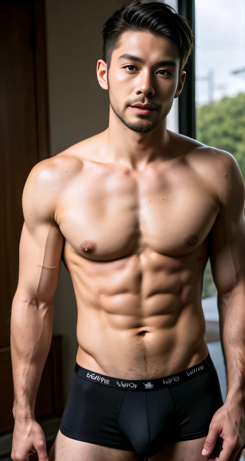 nature male、30 years old、male、Japanese、very handsome、abs、Pectoral muscle、ck black-underwear、sexy pose、body hair、full-length picture