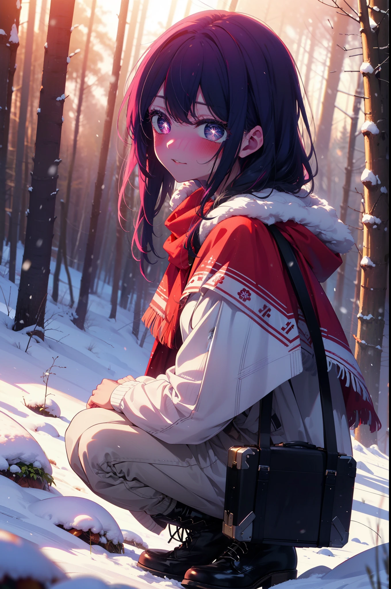 aihoshino, Ai Hoshino, Long Hair, bangs, (Purple eyes:1.1), Purple Hair, (Symbol-shaped pupil:1.5), smile,,smile,blush,white breath,
Open your mouth,snow,Ground bonfire, Outdoor, boots, snowing, From the side, wood, suitcase, Cape, Blurred, , forest, White handbag, nature, Squat, Mouth closed, Cape, winter, Written boundary depth, Black shoes, red Cape break looking at viewer, Upper Body, whole body, break Outdoor, forest, nature, break (masterpiece:1.2), Highest quality, High resolution, unity 8k wallpaper, (shape:0.8), (Beautiful and beautiful eyes:1.6), Highly detailed face, Perfect lighting, Extremely detailed CG, (Perfect hands, Perfect Anatomy),