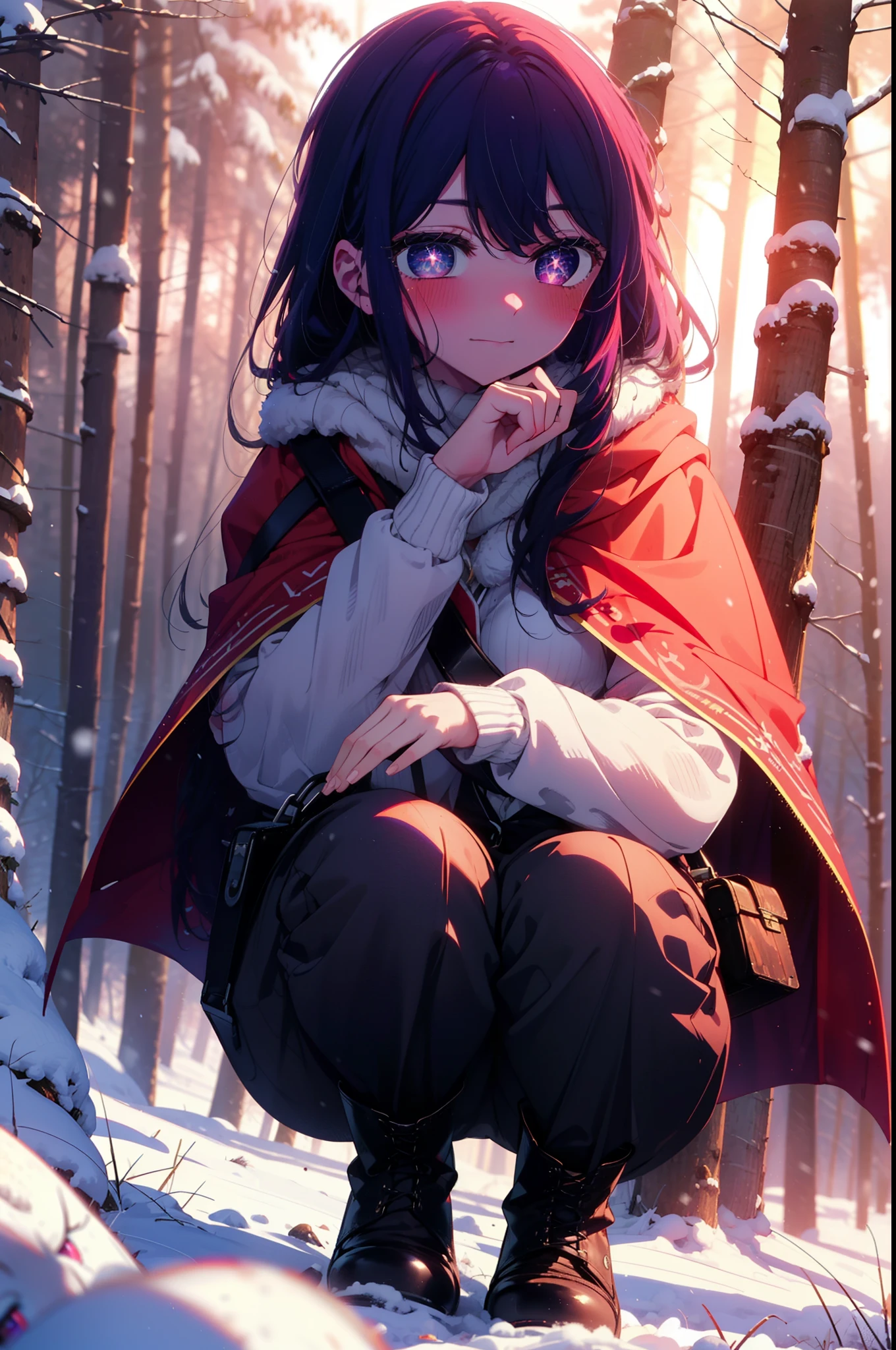 aihoshino, Ai Hoshino, Long Hair, bangs, (Purple eyes:1.1), Purple Hair, (Symbol-shaped pupil:1.5), smile,,smile,blush,white breath,
Open your mouth,snow,Ground bonfire, Outdoor, boots, snowing, From the side, wood, suitcase, Cape, Blurred, , forest, White handbag, nature, Squat, Mouth closed, Cape, winter, Written boundary depth, Black shoes, red Cape break looking at viewer, Upper Body, whole body, break Outdoor, forest, nature, break (masterpiece:1.2), Highest quality, High resolution, unity 8k wallpaper, (shape:0.8), (Beautiful and beautiful eyes:1.6), Highly detailed face, Perfect lighting, Extremely detailed CG, (Perfect hands, Perfect Anatomy),