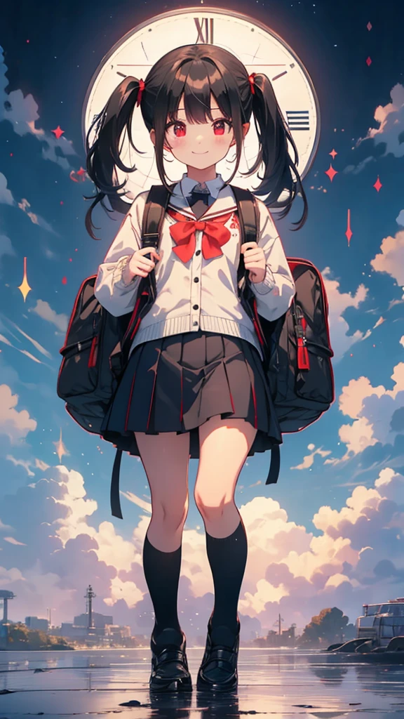 Long black hair、Twin tails、Elementary school girl、uniform、Red Eyes、Large backpack、Short skirt、A snail in the background、Lost、On the way home、Magic Hour、primary school、smile、Highest quality