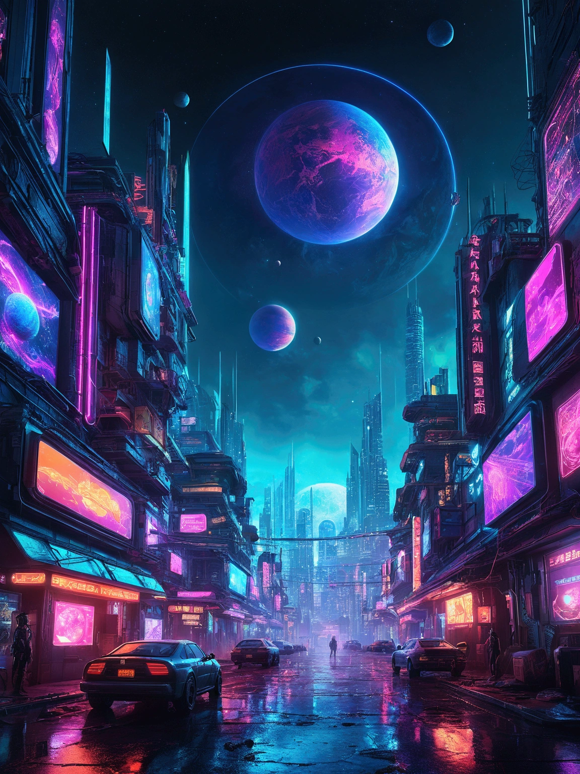 "Cyberpunk-inspired immersion, Neon light world, Be enchanted by the surreal sight of planets dominating the sky, Packed with fascinating digital art."