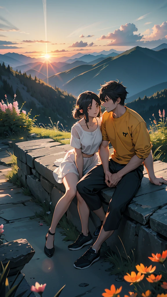 a beautiful home, a boy and girl sitting on the mountain watching the sunset, mountains, flowers, sunset, sunny, couple short clothes, big hips, moody color, anime style, sharpness