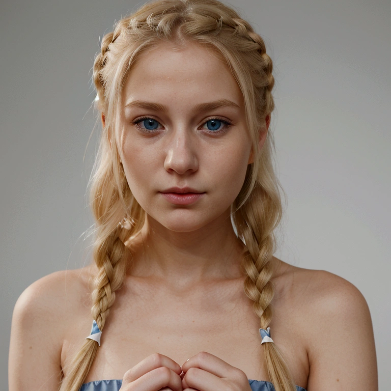 Create a photorealistic image of Anna, 25 years old, blonde with blue eyes. Facial features: Calm expression, gentle eyes. Hairstyle: Long blonde hair tied back with a ribbon. Anna holds a knife in her hand. She is kissing Trump.