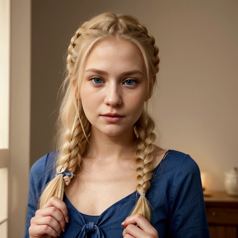 Create a photorealistic image of Anna, 25 years old, blonde with blue eyes. Facial features: Calm expression, gentle eyes. Hairstyle: Long blonde hair tied back with a ribbon. Anna holds a knife in her hand. She is kissing Trump.