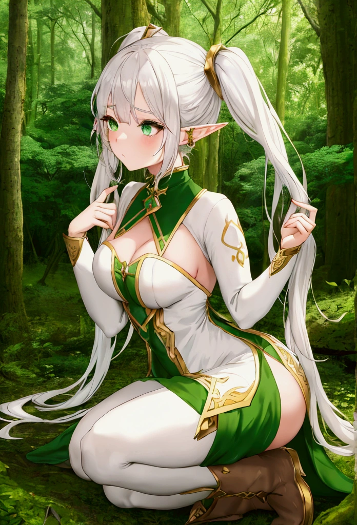 beautiful female elf with white hair with two pigtails, green eyes, big pointy ears, short white dress with gold details, black tights and brown boots, wonderful and magical forest